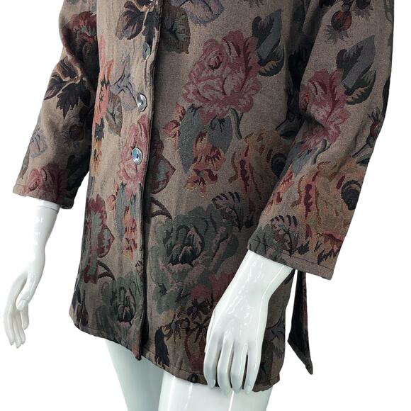 Chicos Womens Size 1 US 8 Medium Tapestry Coat Jacket Roses Classic 3/4 Sleeve - Picture 11 of 16